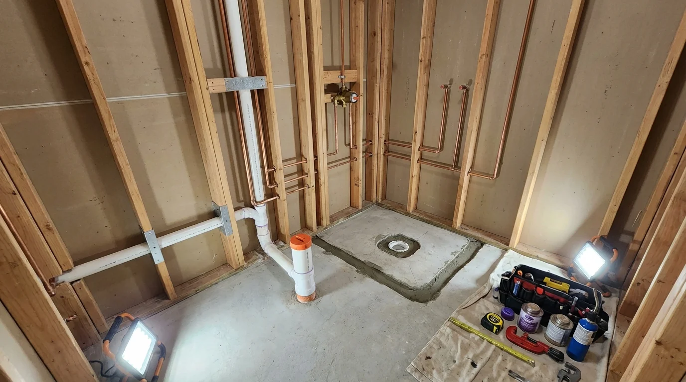 Bathroom rough-in plumbing during remodel by Johns Plumbing LLC in Tahoe Vista