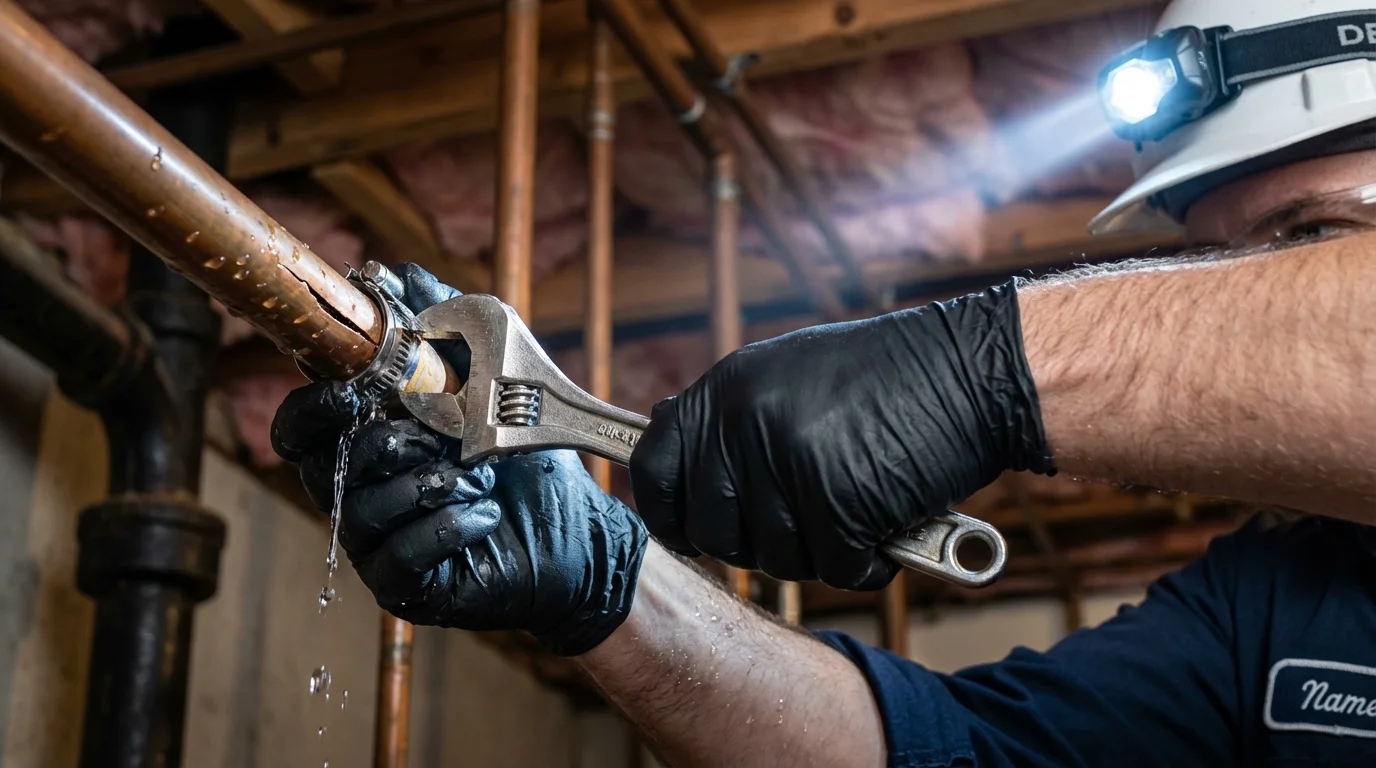 Emergency pipe clamp repair being performed by a Johns Plumbing LLC plumber in Tahoe Vista