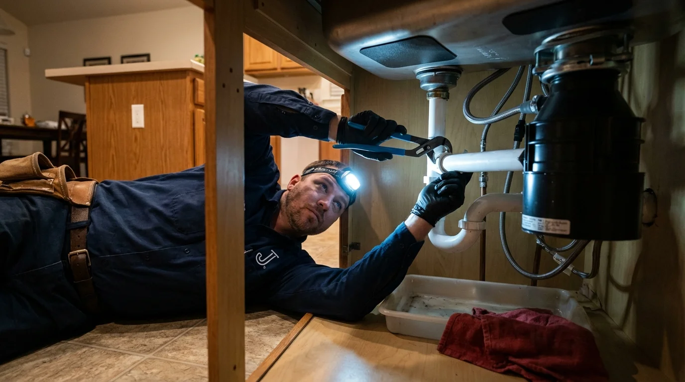 P-trap and supply line connections under a kitchen sink showing a common leak point in Tahoe Vista, CA